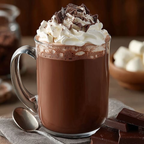 A cup of hot chocolate with whipped cream and chocolate chips.