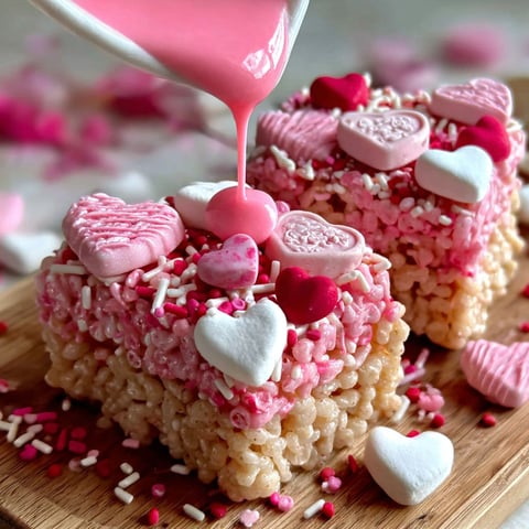 A pink and white Rice Krispie treat with hearts and hearts on top.