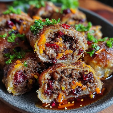 A plate of ginger-carrot beef rolls with cranberries and walnuts.