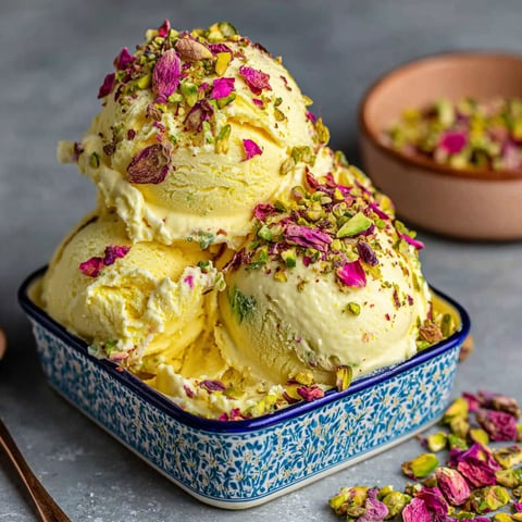 A bowl of Persian ice cream with pistachio nuts.