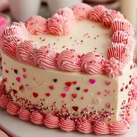 A heart-shaped cake with pink frosting and red velvet.