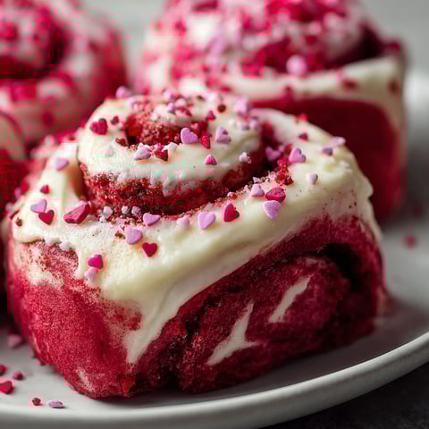 Red velvet cinnamon rolls with pink sprinkles.