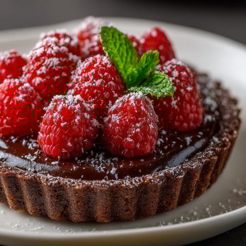 A close up of a dark chocolate raspberry tart.
