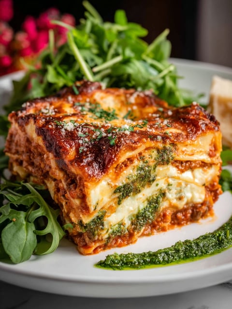 A vegan lasagna bolognese recipe is displayed on a plate.