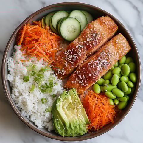 A bowl of food with rice, carrots, cucumbers, and salmon.