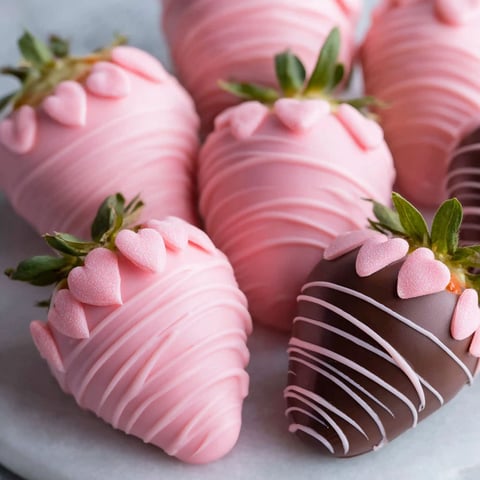Pink chocolate dipped strawberries on a plate.