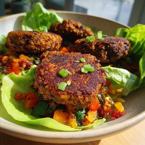 A bowl of food with a black bean burger.