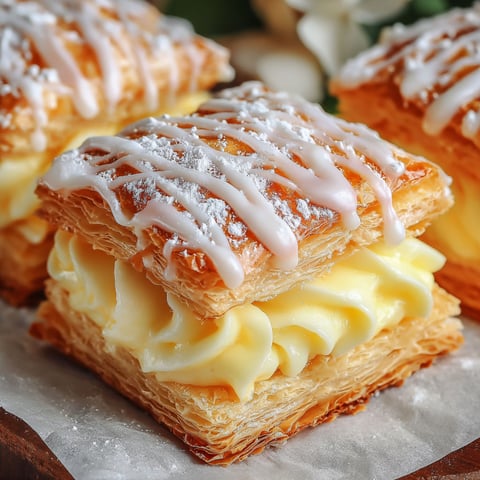 Two mini Napoleon pastries with white icing.