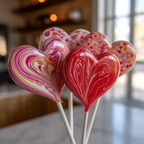 A group of heart shaped lollipops on a stick.