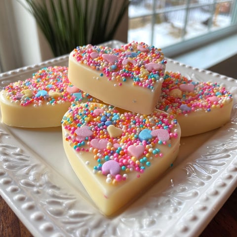 Three heart-shaped cakes with sprinkles on a plate.