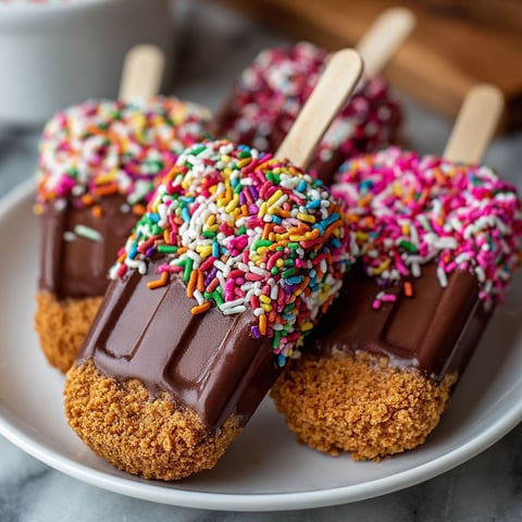 A plate of chocolate and sprinkle covered cakesicles.