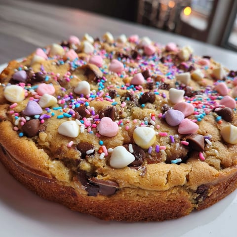A cookie cake with chocolate chips and marshmallows on top.