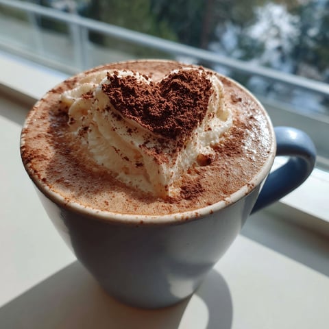 A cup of coffee with a heart shaped whipped cream on top.
