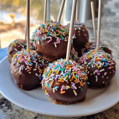 A plate of chocolate cake pops with sprinkles.
