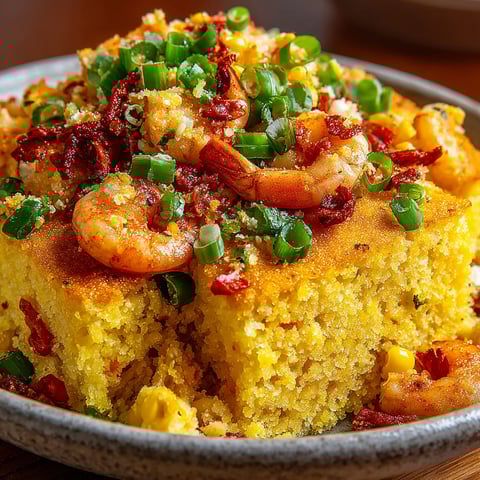 A plate of cornbread with shrimp and corn.