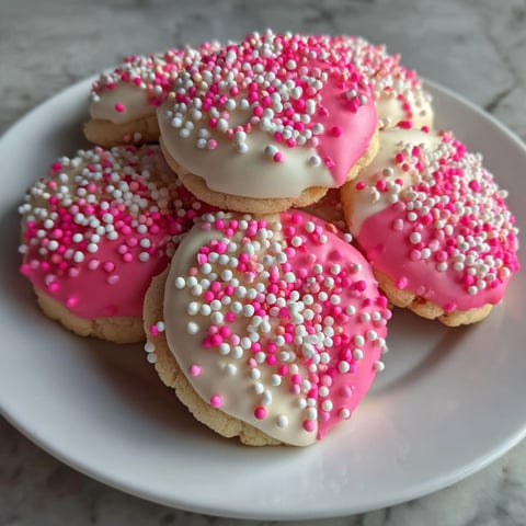 A plate of pink and white cookies with sprinkles.