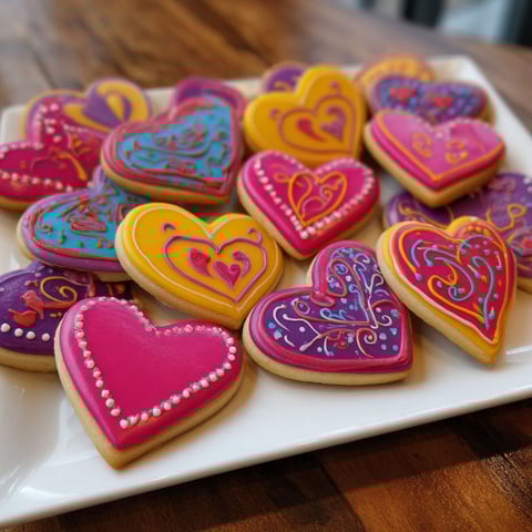 A plate of heart shaped cookies with royal icing.