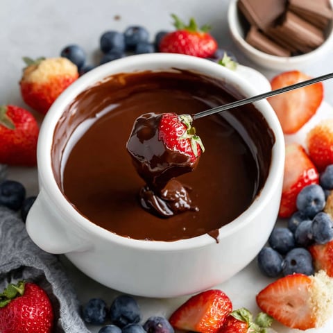 A bowl of chocolate fondue with a spoon in it.