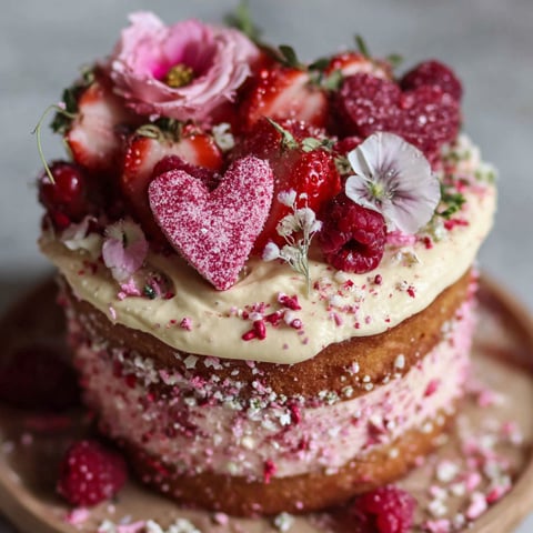 A cake decorated with hearts and strawberries.