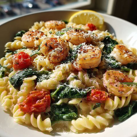 A plate of shrimp and vegetables on a table.