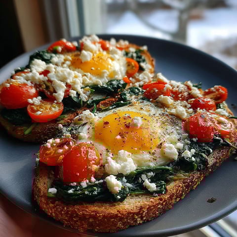 A plate of eggs and tomatoes on toast.