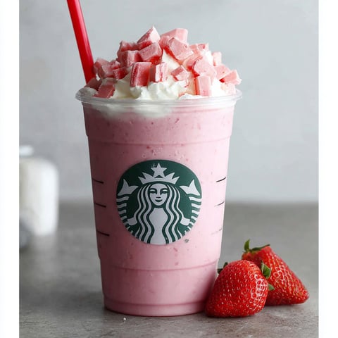 A pink drink with a strawberry on top.