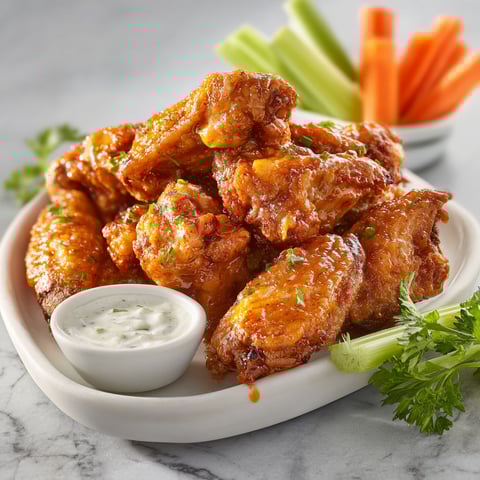 A plate of air-fried buffalo chicken wings with carrots on the side.
