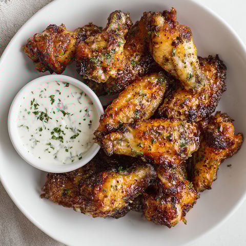 A plate of crispy baked chicken wings with a homemade ranch dip.