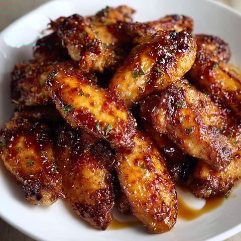 A plate of BBQ wings with a sticky honey garlic sauce.