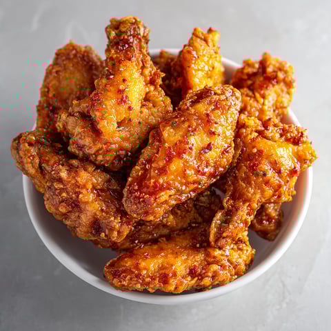 A bowl of crispy, seasoned Korean fried chicken.