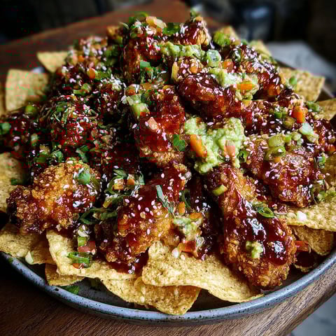 A plate of food with chicken and vegetables on top of a tortilla chip.