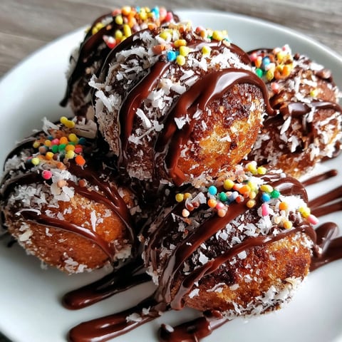 Chocolate donut holes with sprinkles on a plate.