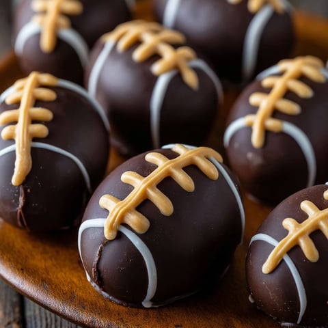 A plate of football shaped chocolate peanut butter balls.