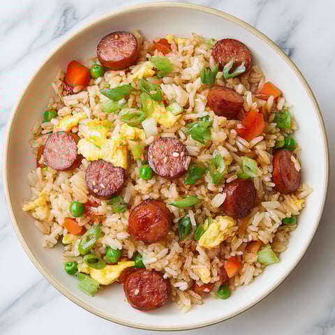 A bowl of rice with sausage and peas.