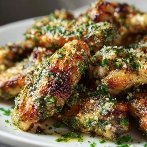 A plate of baked chicken wings with Parmesan cheese and chimichurri sauce.