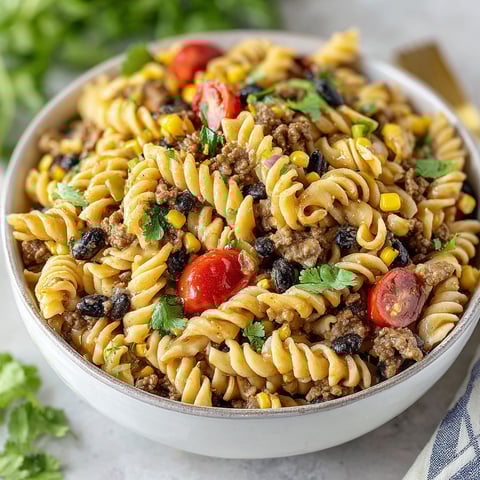 A bowl of pasta salad with tomatoes, corn, and black olives.