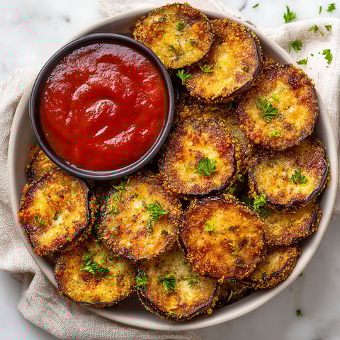 A bowl of air fryer eggplant with ketchup.