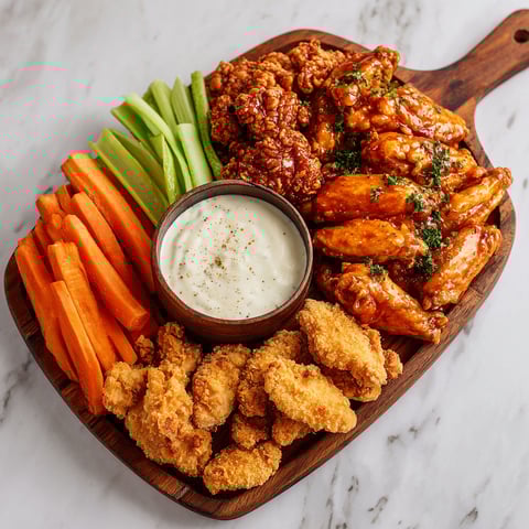 A platter of chicken wings and vegetables.