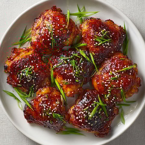 A plate of oven-baked sticky gochujang chicken thighs.