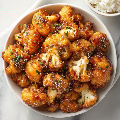 A bowl of cauliflower with a sweet chili sauce.