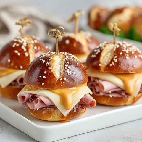 A plate of ham and cheese on pretzel sliders.