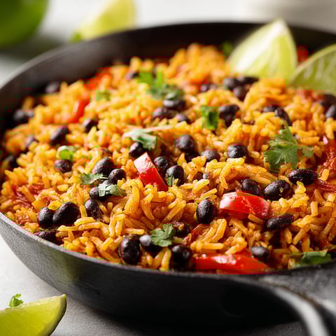 A skillet of rice and black beans.