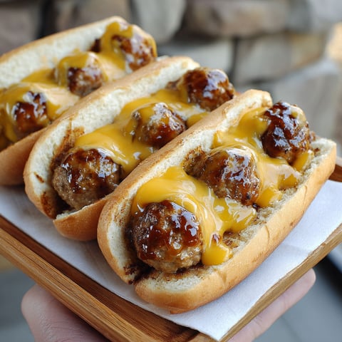 Two BBQ meatball subs on a wooden tray.