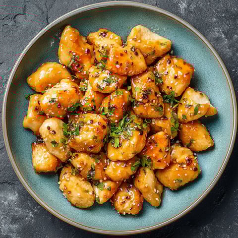 A plate of chicken bites in a sweet garlic sauce.