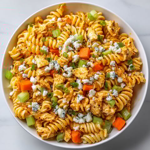 A bowl of pasta salad with chicken and blue cheese.