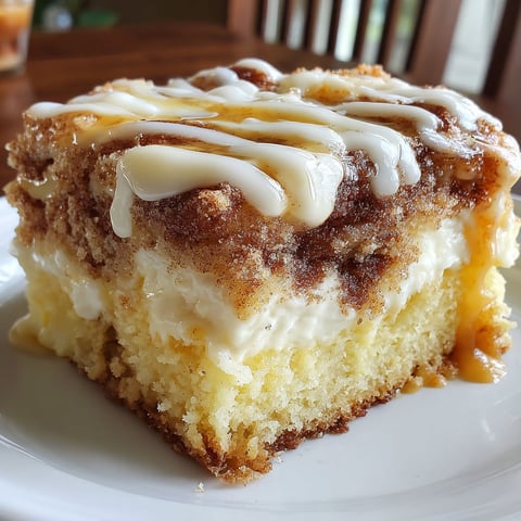 A slice of cinnamon roll poke cake.
