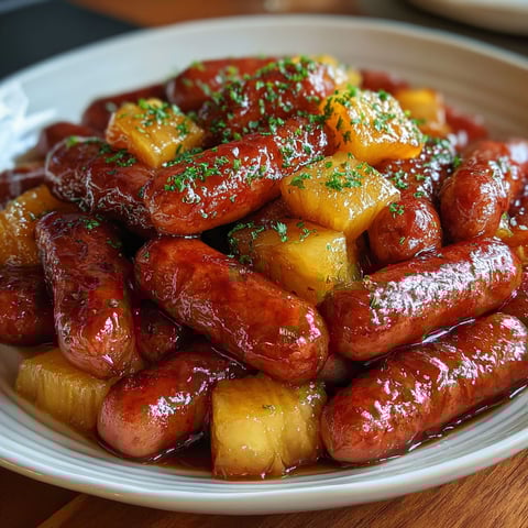 A plate of pineapple brown sugar smokies bites.