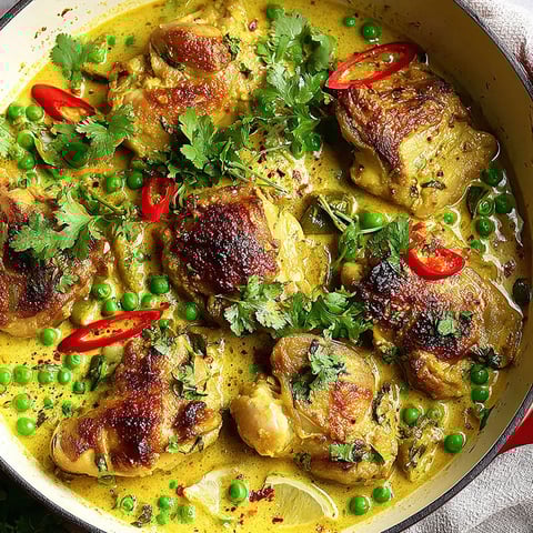 A bowl of chicken thighs in a yellow sauce.