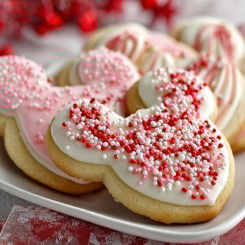 A plate of Mickey Mouse cookies with red and white sprinkles.