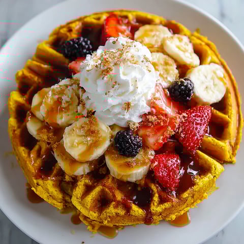 A plate of waffles with bananas, strawberries, and whipped cream.